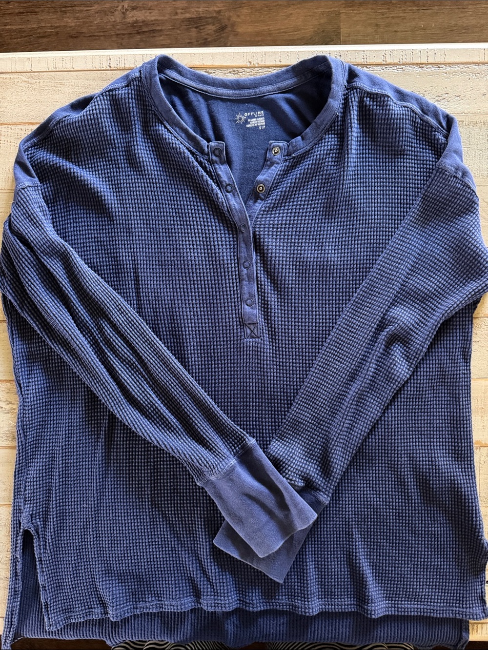 Aerie Navy Waffle-Knit Henley Long Sleeve Top